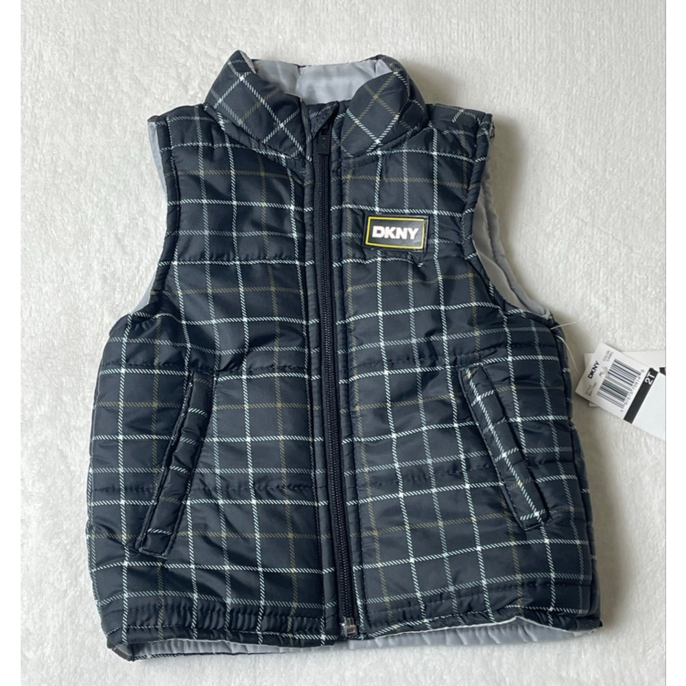 Boys DKNY Plaid Puffer Vest 2T Black White